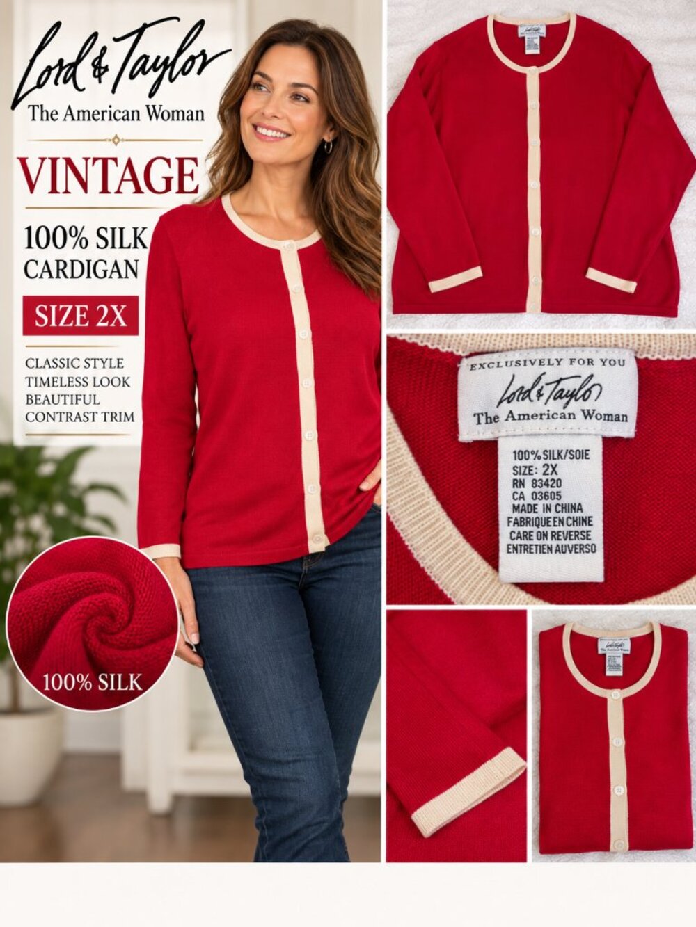 Vintage Lord & Taylor The American Woman 100% Silk Cardigan Red 2X